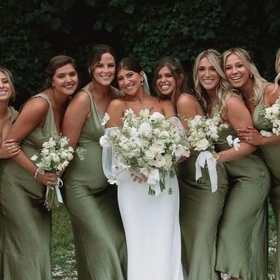 Chic sheath olive straps silk satin long v neck bridesmaid dress,pd230704 - Thumbnail 2