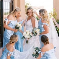 Sheath Off-Shoulder Silk Satin Blue Long Bridesmaid Dress,PD230705 - Thumbnail 3