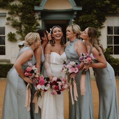 Elegant sheath halter dusty grey blue long bridesmaid dresses,pd230710