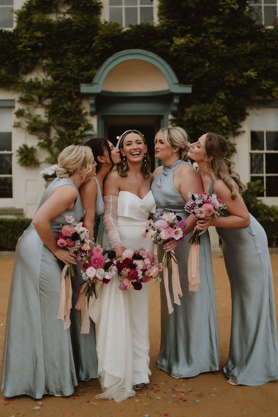 Elegant Sheath Halter Dusty Grey Blue Long Bridesmaid Dresses,PD230710
