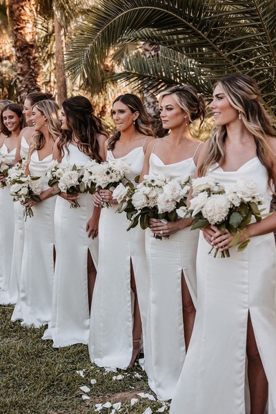 Charming Sheath White Silk Satin Long Cowl Neck Bridesmaid Dresses,PD230711