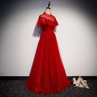 Beautiful Red Sequins Tulle High Neckline Long Shiny Prom Dress, Red Wedding Party Dress,1071 - Thumbnail 1