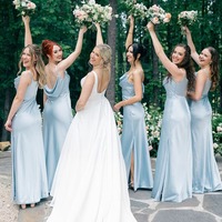 Elegant Light Blue Satin Long Mermaid Bridesmaid Dresses with Slit ,PD230717 - Thumbnail 2