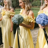 Off the Shoulder Ruffle Satin Ankle Length Yellow Bridesmaid Dresses,PD230720 - Thumbnail 2
