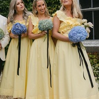 Off the Shoulder Ruffle Satin Ankle Length Yellow Bridesmaid Dresses,PD230720 - Thumbnail 3