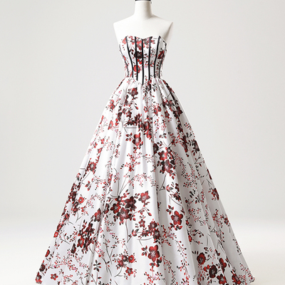 White floral floor length prom dress, a-line sweetheart neck party dress - Thumbnail 1