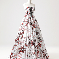 White Floral Floor Length Prom Dress, A-Line Sweetheart Neck Party Dress - Thumbnail 2