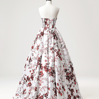 White Floral Floor Length Prom Dress, A-Line Sweetheart Neck Party Dress - Thumbnail 3