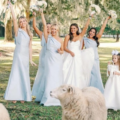 Light blue satin sheath one shoulder long bridesmaid dresses,pd230722 - Thumbnail 1