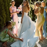 Ankle Length Sheath Bateau Neck Satin Bridesmaid Dresses with Slit ,PD230727 - Thumbnail 2