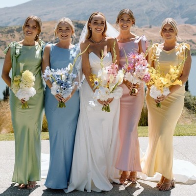 Ankle length sheath bateau neck satin bridesmaid dresses with slit ,pd230727 - Thumbnail 3