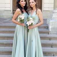 Simple V Neck A-Line Sage Green Silk Satin Long Bridesmaid Dresses,PD230731 - Thumbnail 1