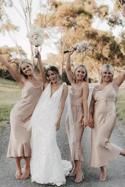 Champagne Sheath Cowl Neck Silk Satin Bridesmaid Dresses,PD230736