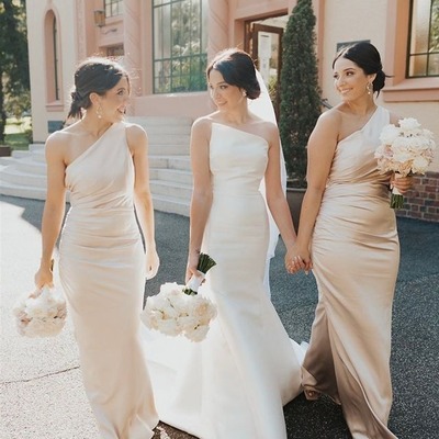 One shoulder champagne satin mermaid bridesmaid dresses,pd230737