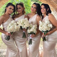 One Shoulder Champagne Satin Mermaid Bridesmaid Dresses,PD230737 - Thumbnail 2