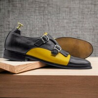 Handmade Men's Buckle Strap & Yellow Black Fringe Leather Shoe  - Thumbnail 1