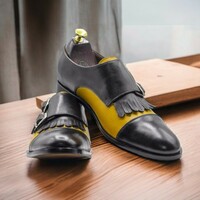 Handmade Men's Buckle Strap & Yellow Black Fringe Leather Shoe  - Thumbnail 2