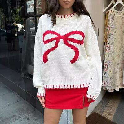 Bow jacquard pullover knit sweater jumper