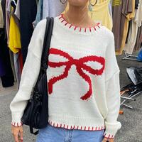 Bow Jacquard Pullover Knit Sweater Jumper - Thumbnail 1