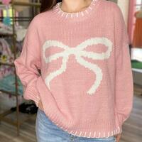 Bow Jacquard Pullover Knit Sweater Jumper - Thumbnail 3