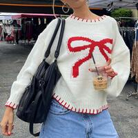 Bow Jacquard Pullover Knit Sweater Jumper - Thumbnail 2
