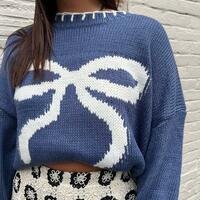Bow Jacquard Pullover Knit Sweater Jumper - Thumbnail 6