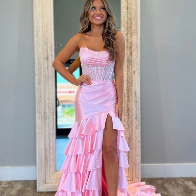 Charming strapless pink satin long mermaid prom dresses with appliques,pd230745 - Thumbnail 2