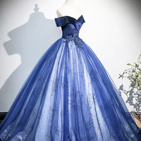 Blue Velvet and Tulle Long Prom Dress, Off the Shoulder Evening Party Dress - Thumbnail 1