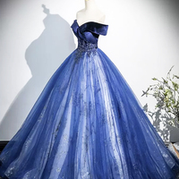 Blue Velvet and Tulle Long Prom Dress, Off the Shoulder Evening Party Dress - Thumbnail 2