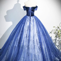 Blue Velvet and Tulle Long Prom Dress, Off the Shoulder Evening Party Dress - Thumbnail 3