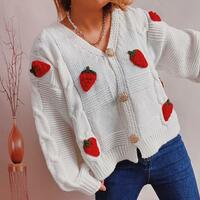 Strawberry Embroidery V-neck Button Knit Sweater Cardigan - Thumbnail 1