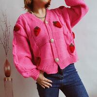 Strawberry Embroidery V-neck Button Knit Sweater Cardigan - Thumbnail 2