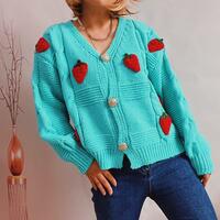 Strawberry Embroidery V-neck Button Knit Sweater Cardigan - Thumbnail 5