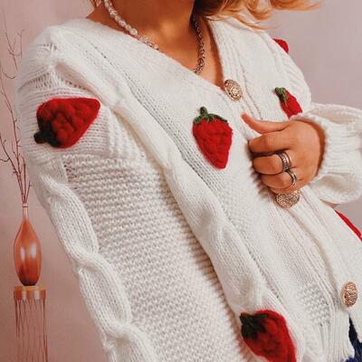 Strawberry embroidery v-neck button knit sweater cardigan