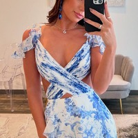 Cute Floral Printed Sheath Straps Chiffon Long Prom Dress with Slit，PD230746 - Thumbnail 2