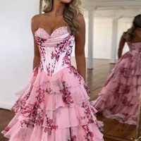 Cute  Sweetheart Floral Printed Chiffon A Line Long Prom Dress with Slit，PD230747 - Thumbnail 2