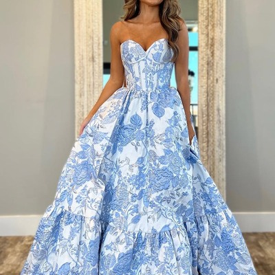 Cute sweetheart light blue jacquard satin a line prom dress，pd230748 - Thumbnail 5