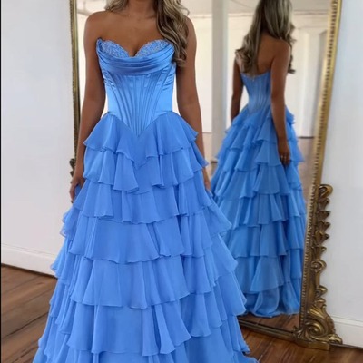 Cute  blue princess tiered sweetheart a line long prom dresses，pd230749