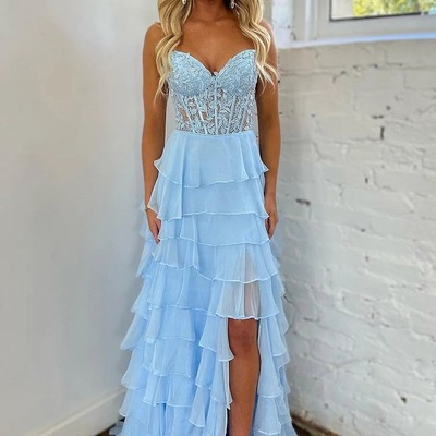 Cute strapless light blue ruffle tiered chiffon a-line long prom dress，pd230750