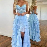 Cute Strapless Light Blue Ruffle Tiered Chiffon A-Line Long Prom Dress，PD230750 - Thumbnail 1