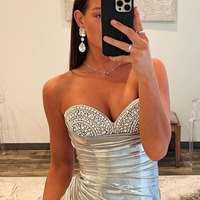 Simple Strapless Silver Satin Long Mermaid Prom Dress with Slit,PD230753 - Thumbnail 2