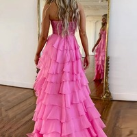 Cute Strapless Pink Ruffle Tiered Chiffon A-Line Long Prom Dress ,PD230755 - Thumbnail 1