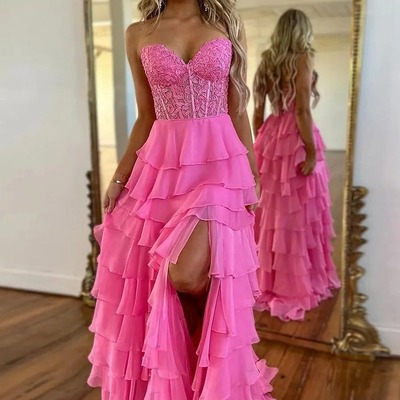 Cute strapless pink ruffle tiered chiffon a-line long prom dress ,pd230755 - Thumbnail 4