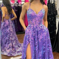 Cute V Neck  A Line Purple Sequins Lace Tulle Prom Dress,PD230756 - Thumbnail 1