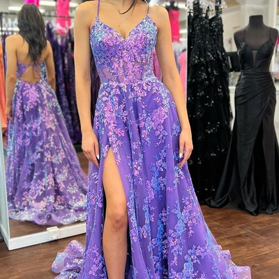 Cute v neck  a line purple sequins lace tulle prom dress,pd230756 - Thumbnail 4