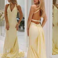 Halter Backless Yellow Satin Long Mermaid Prom Dress,PD230757 - Thumbnail 1