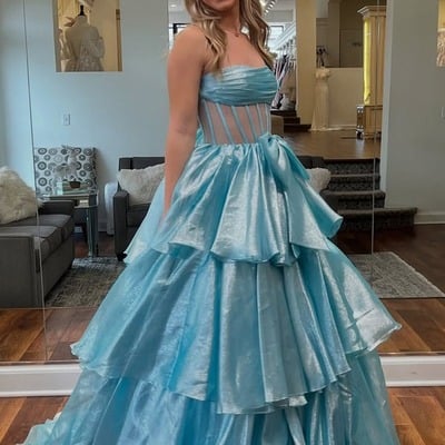 Cute light blue ball gown strapless organza prom dress with bow,pd230762