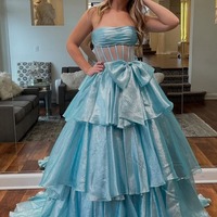 Cute Light Blue Ball Gown Strapless Organza Prom Dress with Bow,PD230762 - Thumbnail 1