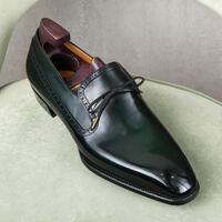 Handmade Men's Dark Green Formal Moccasin Loafers Slips On Shoes - Thumbnail 1