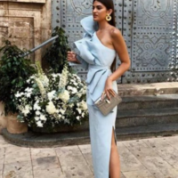 Sheath One Shoulder Light Sky Blue Long Prom Dresses - Thumbnail 1
